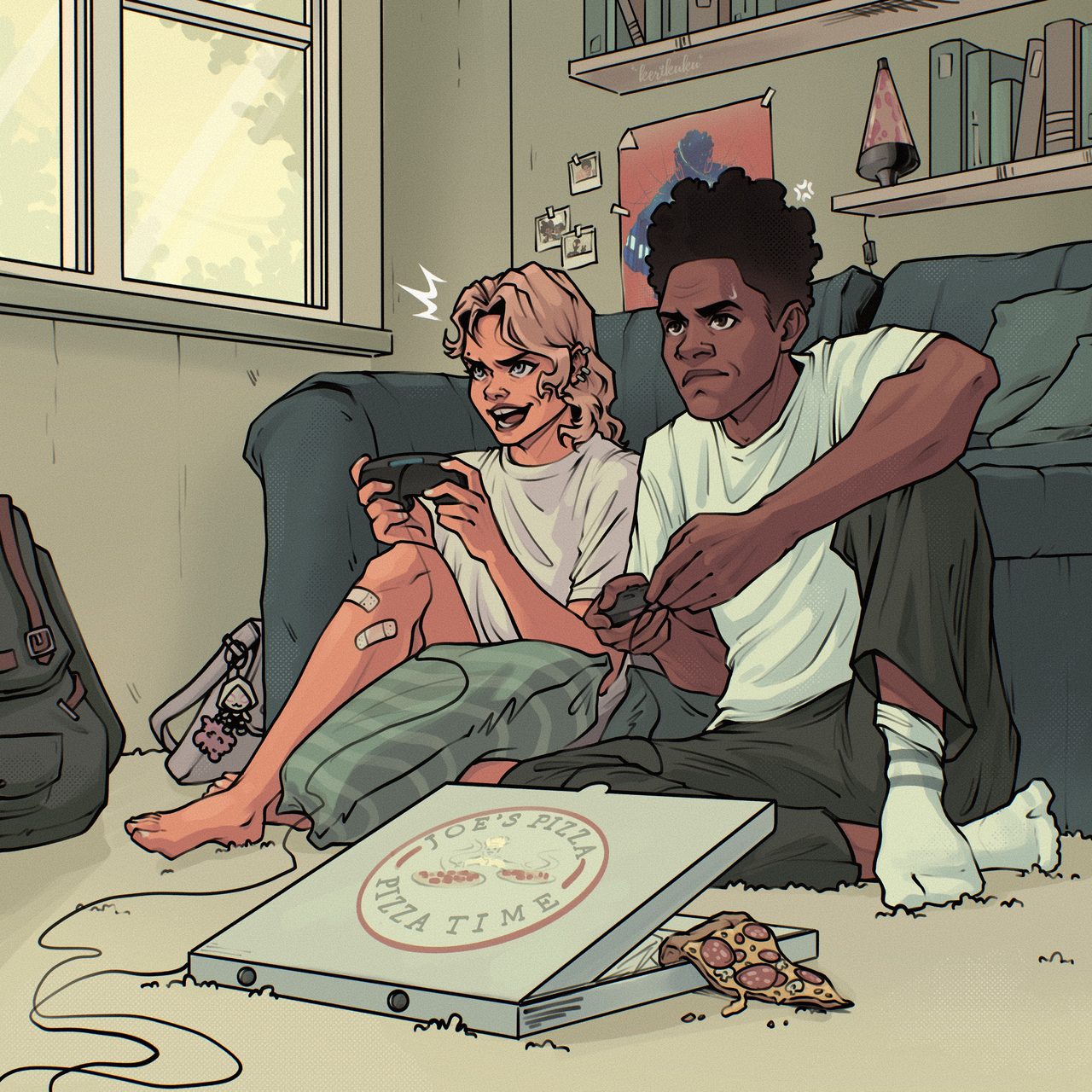Two friends playing a video game on the floor next to an open Joe's Pizza box